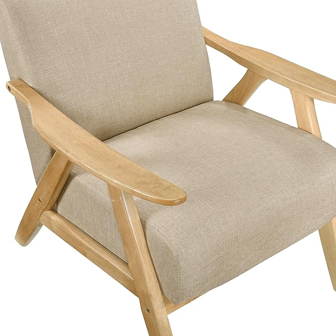 Lexicon Mid Century Modern Accent Chair with Solid Wood Frame in Natural Finish, Textured Fabric Living Room Lounge Arm Chair, Thick and Comfy Innerspring Seat Cushion, Linen-Look Fabric, Light Brown