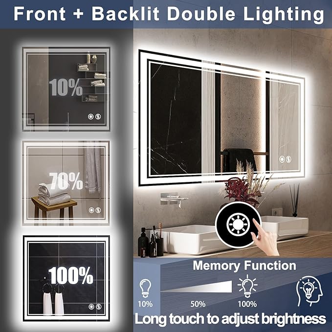 26“ x 26” LED Mirror for Bathroom Front and Backlit Anti-Fog Dimmable 3 Colors LED Bathroom Mirror with Lights Memory Function Smart Mirror Touch Sensor Square Wall Mounted