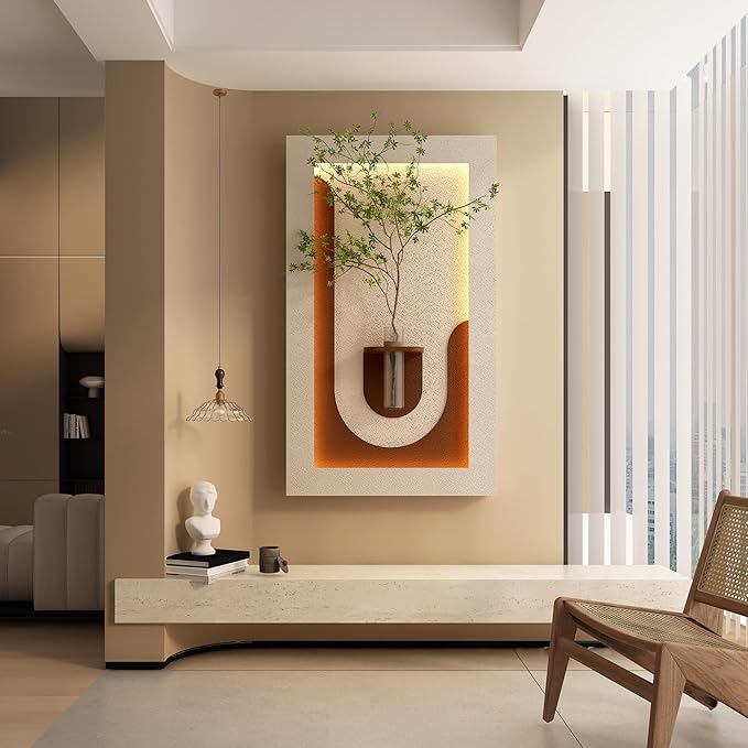 LED Sandstone Wall Decor, 3D Wall Art Sculpture, Simulated Green Plants, Glass Vase & Remote Control 3 Color Light for Living Room, Bedroom, Corridor(Light Coffee,41.4 * 23.6in)