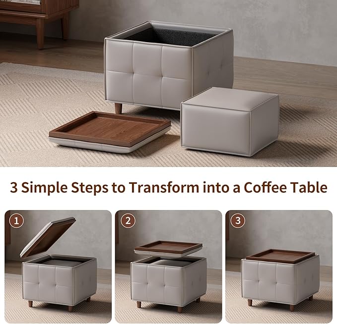 Square Ottoman with Storage Set of 2, Leather Coffee Table Ottoman, Multifunctional Foot Rest Stool with Storage for Living Room & Bedroom