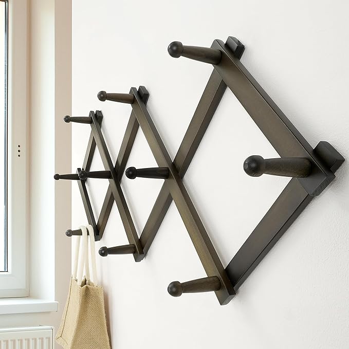 Dseap Accordion Wall Hanger: 16" High Wooden Expandable Coat Rack,Hat Rack,Accordion Hook Wall Mount for Baseball Caps,Coats,10 Peg Hooks,Dark Walnut