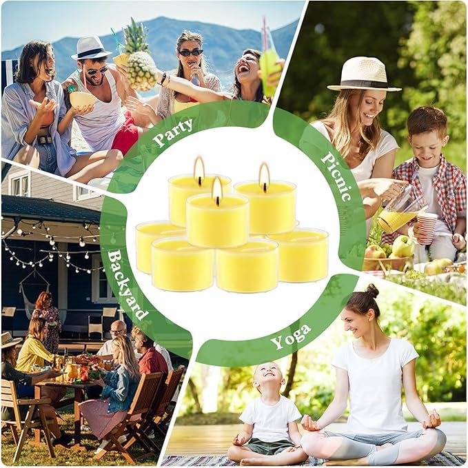 100 Pack Clear Tea Lights Candles Bulk, Summer Citronella Candle Outdoor and Indoor, for Birthday Emergency Home Garden(8 Hour, Yellow)