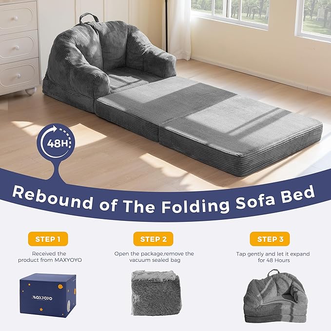 MAXYOYO Folding Sofa Bed with Backrest, Boneless Fold Out Couch Bed with Handle, 2 in 1 Convertible Bean Bag Chair to Floor Sofa Lounger, Comfy Folding Couch for Bedroom & Living Room, Dark Grey