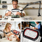 12X Ultra Long 3-Section Swing Arm Lighted Magnifier Lamp, NUEYiO 5.3* 3.2" Square Large Magnifying Glass with Light and Stand, 5 Color Mode, 4-way Metal Clamp Hands-Free Craft Lamp for Sewing Repair