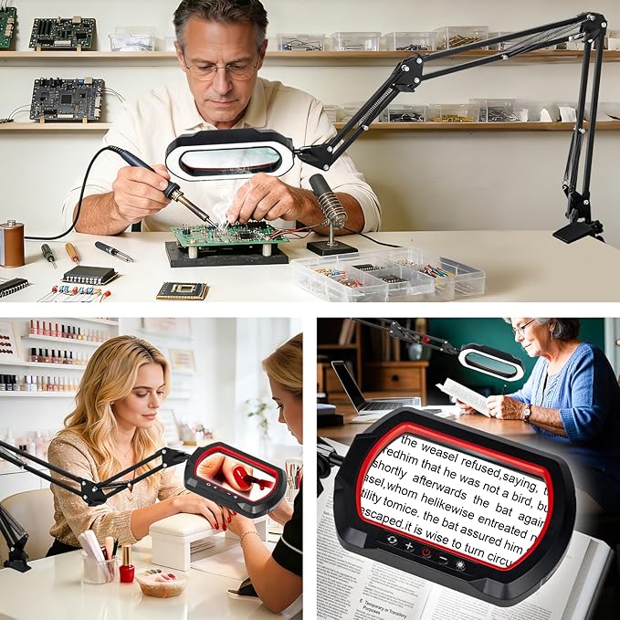 12X Ultra Long 3-Section Swing Arm Lighted Magnifier Lamp, NUEYiO 5.3* 3.2" Square Large Magnifying Glass with Light and Stand, 5 Color Mode, 4-way Metal Clamp Hands-Free Craft Lamp for Sewing Repair