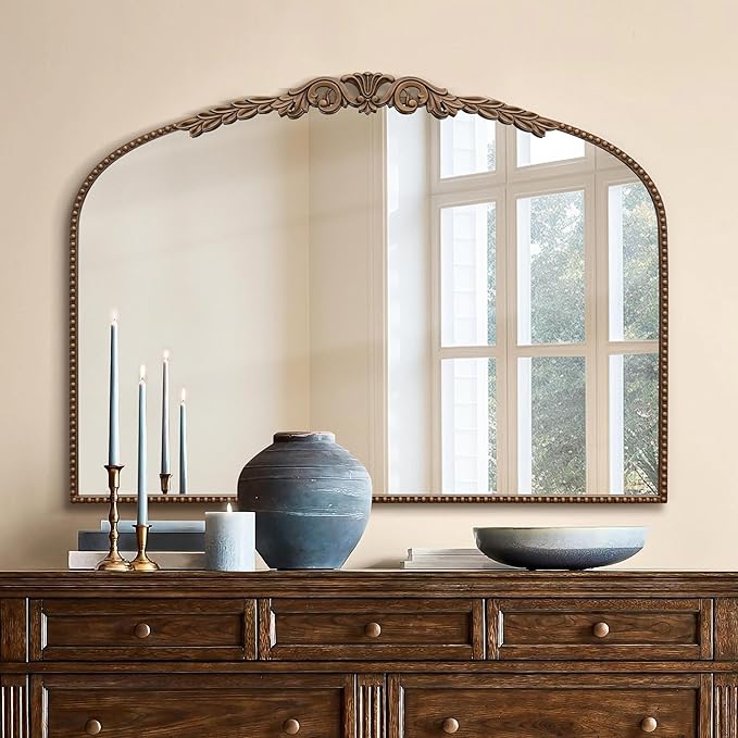 Besdomus Gold Large Arched Mirror: 40"x 30" French Baroque Vintage Mirror - Traditional Ornate Antique Mirrors for Wall/Mantel/Bedroom/Entryway/Bathroom/Hallway - Home Decor for Fashion-Conscious