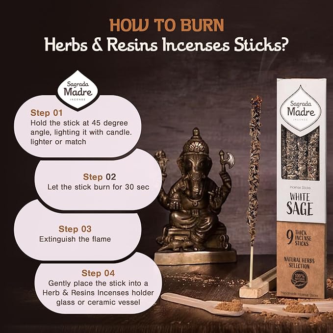Sagrada Madre 9 pcs Wildly Harvested - White Sage Incense Sticks, 7" Long - Thick Aromatic Incense Sticks (45-55 min Burning Time) to Neutralize Negative Energies & Harmonizing Spaces