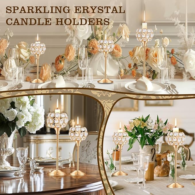 Crystal Metal Tealight Candlestick, Bling Bowl Candelabras, Tall Crystal Candle Holders Elegant Candle Centerpiece for Dining Table Wedding Home Mantel Decor(Golden, 2 Sets(6 Pcs))