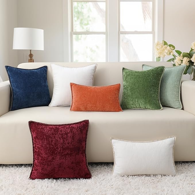 decorUhome Spring Chenille Soft Throw Pillow Covers 16x16 Set of 2, Farmhouse Velvet Neutral Decorative Pillow Covers with Stitched Edge for Couch Sofa Bed Home Decor, Rust