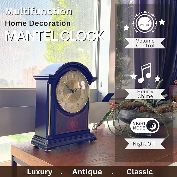 Mantel Clock Antique Classic Luxury Style Golden Clock Dial Alnus Wood Clock Frame Hourly Chime Non-Ticking Night Mode