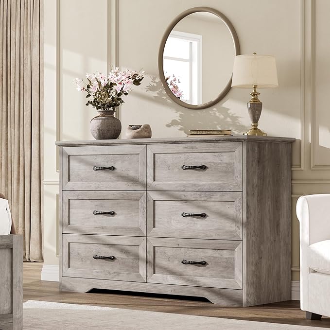 GAOMON Farmhouse 6 Double Drawers Dresser for Bedroom, 47.2'' Wide Chest of Drawer, Wooden Horizontal Dresser with Metal Handles and Stable Base, Modern Cabinet for Bedroom, Living Room, Grey