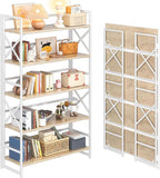 4NM Extra Wide 5 Tiers No Assembly Book Shelves, 51.2" H Folding Bookshelf Bookcase Open Industrial Foldable Shelves for Bedroom, Living Room, Home Office - Natural White
