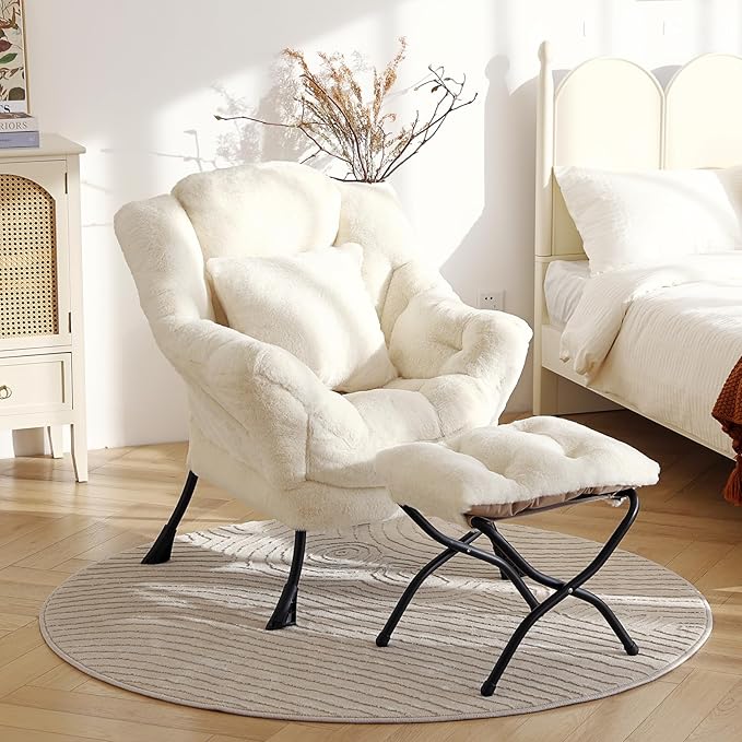 Lazy Chair with Ottoman, Large Lvory Lounge Accent Chair with Ottoman and FA Throw Pillow, Comfy Plush Reading Chair for Living Room Bedroom Dorm Room Office Apartment Relaxing Use