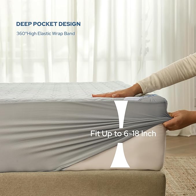 BEDLORE Waterproof Mattress Protector, Queen Size Mattress Pad with Deep Pocket 6"-18" Depth, Soft Dirt-Proof Double Bed Mattress Cover for Bedroom, College Dorm, Hotel (Light Gray)