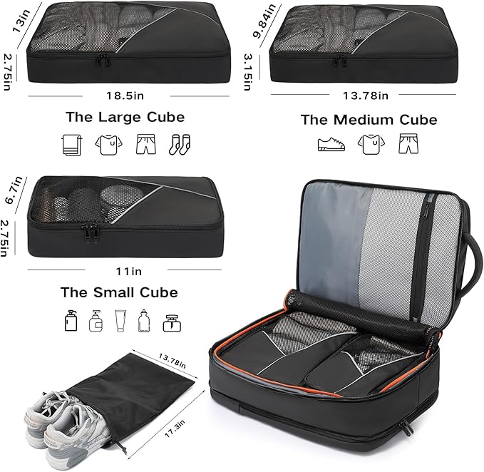 50L Carry on Travel Backpack, Expandable Airline Approved Backpacks with 3 Packing Cubes Fit 17.3 inch Laptop Suitcase backpack for Men Women(Black)