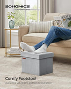 SONGMICS Storage Ottoman, Foldable Small Ottoman Foot Rest, 12.2 x 16.1 Inches Foot Stool, Ottoman with Storage, Load up to 286 lb, for Living Room, Bedroom, Dorm, Dove Gray ULSF200G02