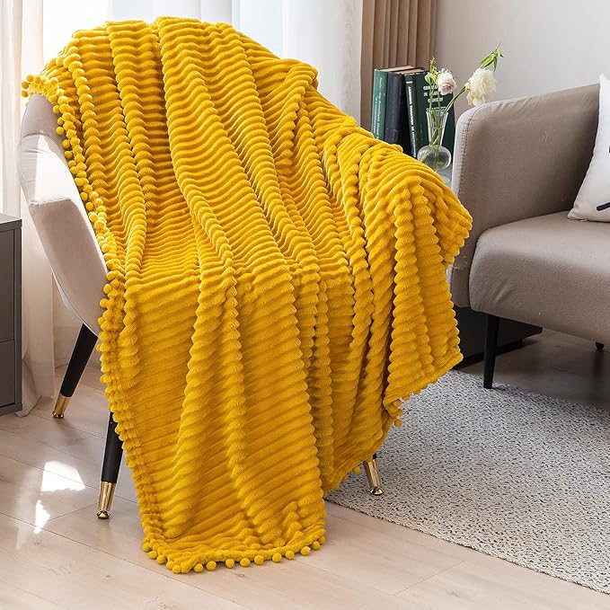DISSA Fleece Blanket Twin Size – 60x80, Yellow - Soft, Plush, Fluffy, Fuzzy, Warm, Cozy – Perfect Throw for Couch, Bed, Sofa - with Pompom Fringe - Flannel Blanket