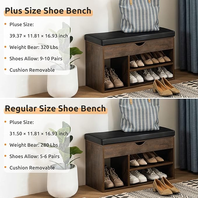 Apicizon 39 Inches Storage Bench, Shoe Bench with Flip Top Storage Space and Padded Cushion, Wooden Entryway Bench for Entryway, Living Room, 2-Tier Shoe Rack Organizer, Brown