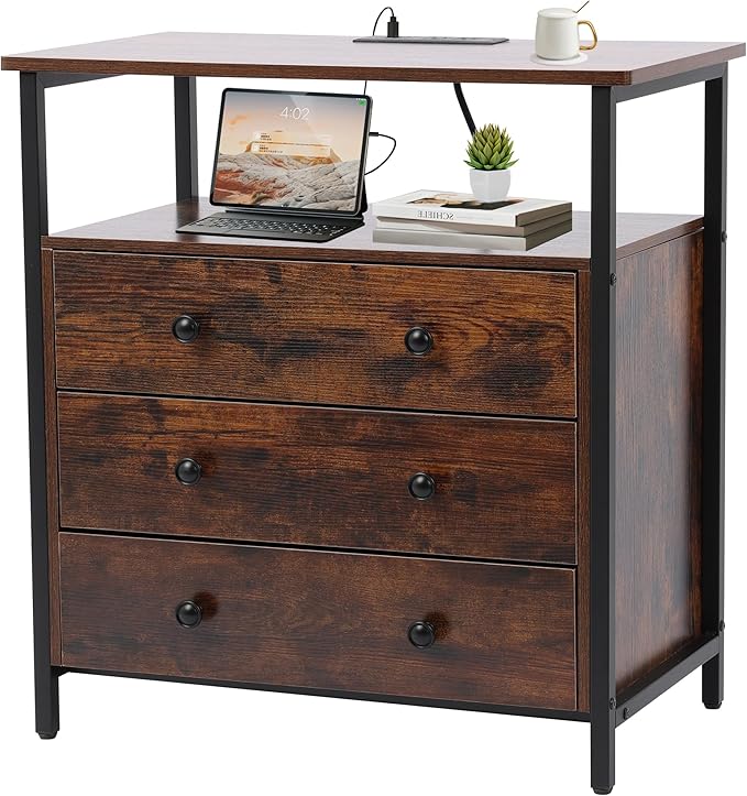 3 Wooden Drawers Night Stand, 27 Inch Wide Nightstand with Charging Station and Adjustable Drawers, Small Dresser for Closet, Bedside Table for Living Room/Bedroom/Office, Retro Brown.