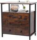 3 Wooden Drawers Night Stand, 27 Inch Wide Nightstand with Charging Station and Adjustable Drawers, Small Dresser for Closet, Bedside Table for Living Room/Bedroom/Office, Retro Brown.