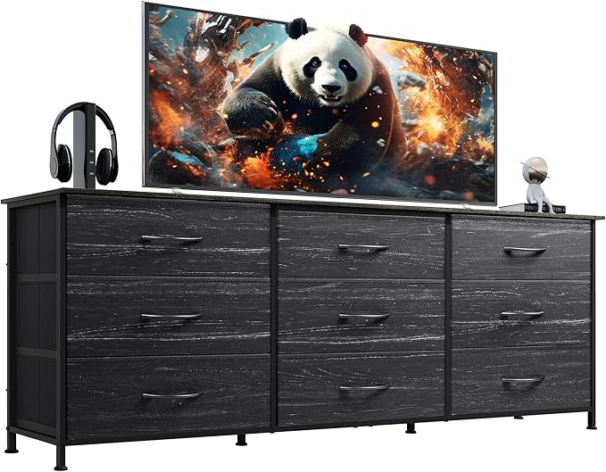 WLIVE 63''W Dresser for Bedroom, Black Dresser TV Stand for 65, 70, 75 inch TV, Wide Chest of Drawers with 9 Drawer, Large Entertainment Center, Fabric Dressers with Wood Top for Closet, Living Room