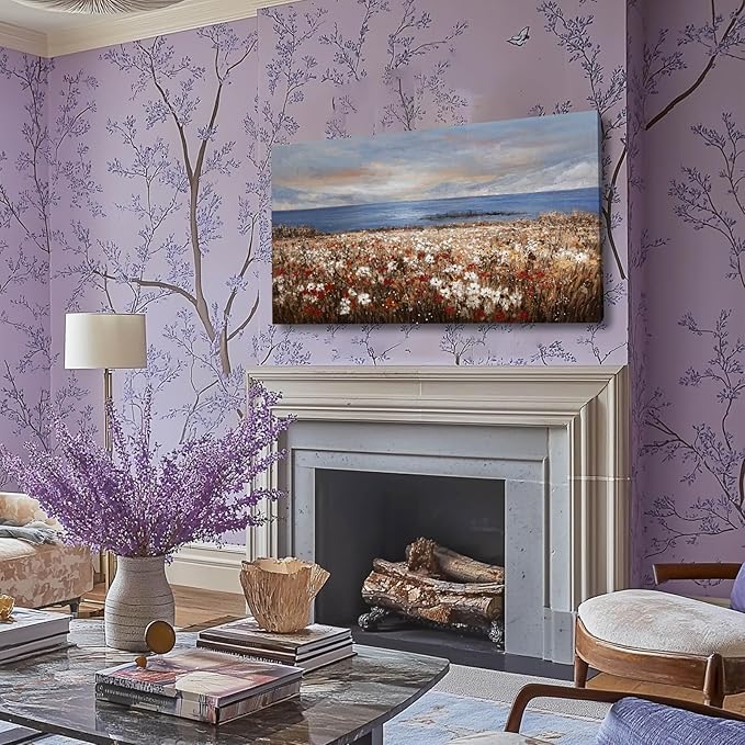 GAIDUOMAI Coastal Wall Art Wildflower Mountain Canvas Picture for Living Room Office Contemporary Art 24"x48" Neutral Wall Hanging Decor for Home
