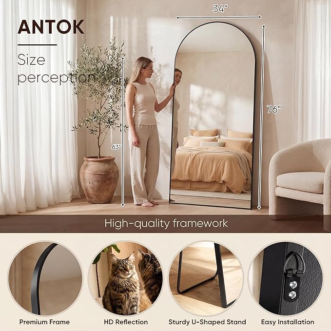 Antok Full Length Mirror, 76"x34" Floor Mirror, Arched Floor Standing Freestanding Arch Full Body Mirrors with Stand for Bedroom, Hanging Mounted for Living Room Cloakroom,Black