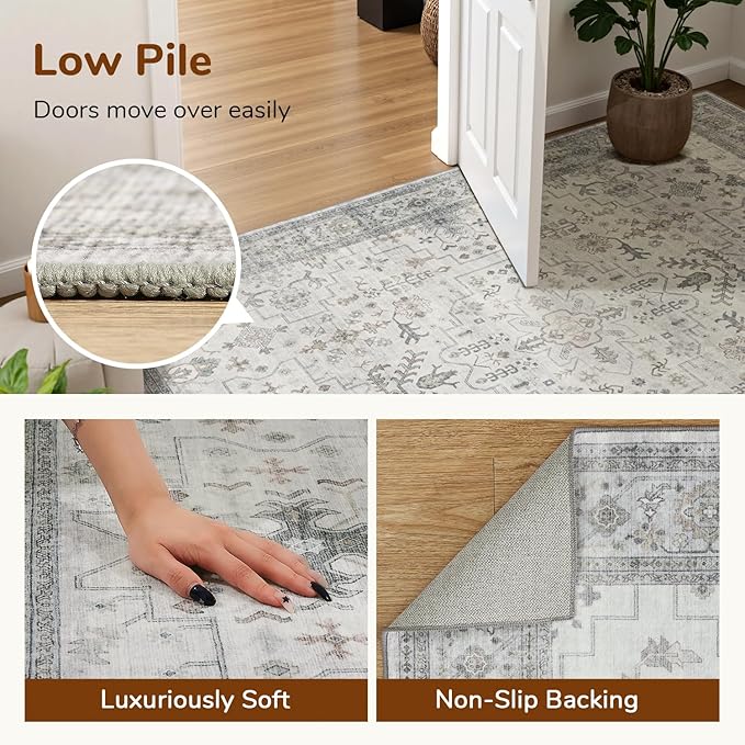 Lessymo Boho Bathroom Rugs 2x3, Small Washable Area Rug for Kitchen Entryway Bedroom, Low Pile Door Mat Indoor Entrance Non Slip Carpet, Vintage Geometric Floral Pastel Decor, Taupe Grey
