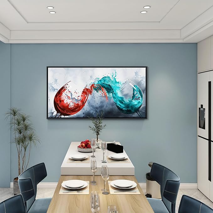 Framed Blue & Red Wine Glass Collisions Canvas Art | 24x48 inches | Modern Kitchen & Dining Room Decor | Abstract Wine Cup Painting | Contemporary Bar & Living Room Wall Art | pictures wall decor