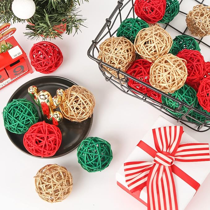 DomeStar 24PCS Christmas Decorative Balls for Bowl Centerpiece, 2 Inch Rattan Balls Bowl Fillers Decor, Wicker Twig Orbs Spheres, Home Vase Table Xmas Tree Hanging Decor(Red and Green)