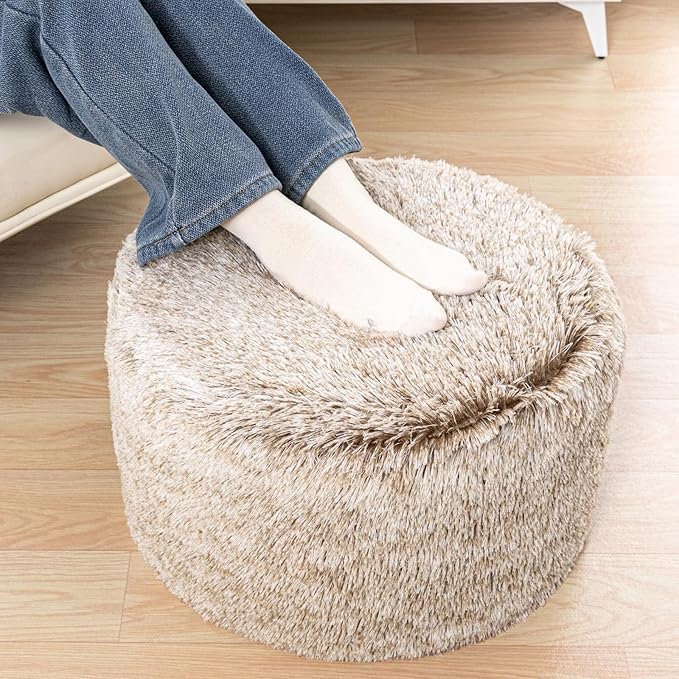 Stuffed Ottoman with Modern High Density Foam Faux Fur Pouf Stool Round Foot Stool Cushion Storage Ottoman 20 * 12''Floor Pouf Ottoman Foot Rest for Living Room (Snow Coffee)