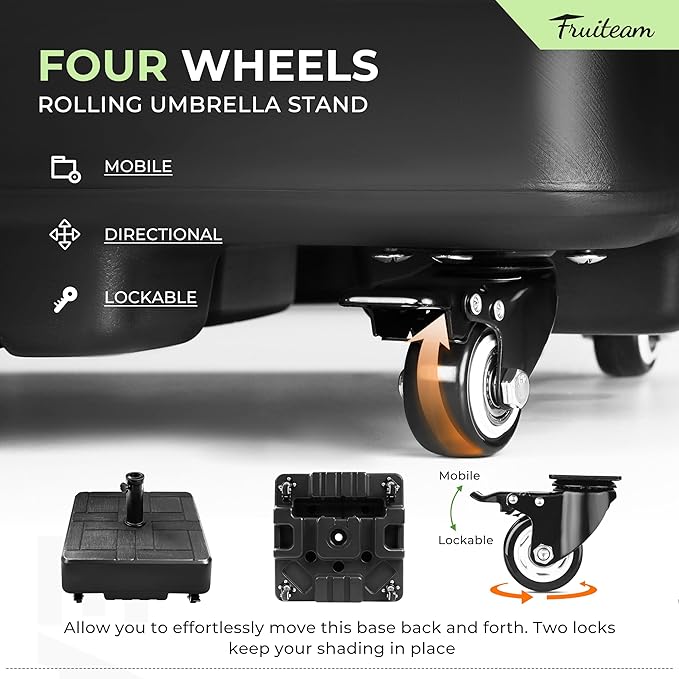 FRUITEAM 155lb Capacity Fillable Portable Umbrella Base with Wheels,Patio Umbrella Base Heavy Duty, Square Market Stand for Patio,Outdoor w/ 4 Wheels, 2 Knobs, Suitable for 6-12 ft Outdoor Umbrella