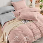 HYMOKEGE Rose Gold/Light Grey California King Comforter Set Seersucker 7 Pieces, All Season Luxury Bed in a Bag for Bedroom, Bedding Set with Comforter, Sheets, Pillowcases & Shams