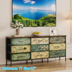 Tohomeor Dresser with Drawers for Bedroom Chest of Drawers Fabric Dresser for Closet,Nursery Entryway Hall Tree TV Stand for Living Room Retro Floral Pattern Drawers Wooden Top (Wide 9 Drawers)
