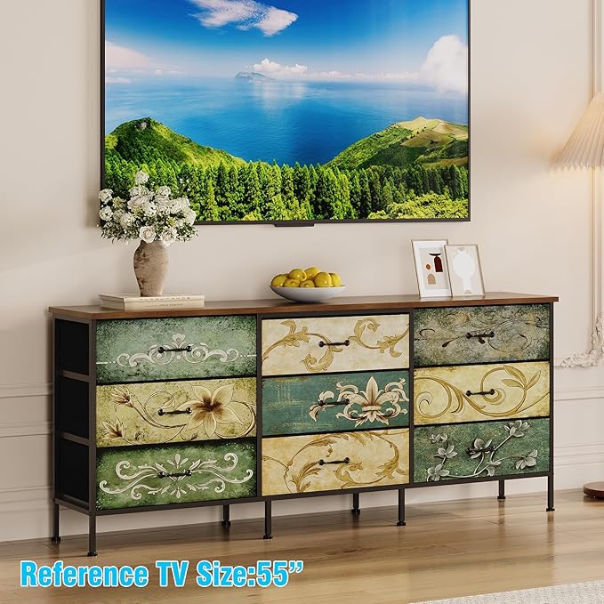 Tohomeor Dresser with Drawers for Bedroom Chest of Drawers Fabric Dresser for Closet,Nursery Entryway Hall Tree TV Stand for Living Room Retro Floral Pattern Drawers Wooden Top (Wide 9 Drawers)