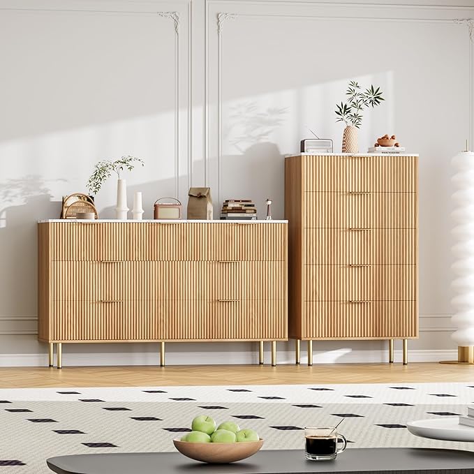 GarveeHome 5 Drawers Dresser for Bedroom, Fluted Dresser Chest of Drawers with Handle, Wood Modern Dressers for Closet, Bedroom Furniture Storage Organizer for Living Room, Hallway