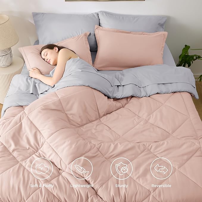 Bedsure Twin Comforter Set - 5 Pieces Reversible Blush Pink Bedding, Twin Size Bed Set for All Seasons, Bed in a Bag with Down Alternative Comforter, Sheets, Pillowcase & Sham