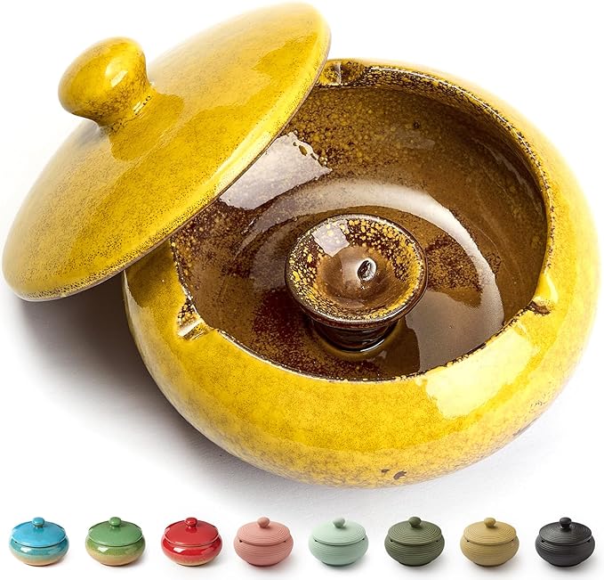 Ashtray with Lid for Outside Patio, Windproof Ash tray, Ceramic Smokeless Ashtray for Outdoor Home Office Tabletop Patio Outdoor Balcony, Yellow