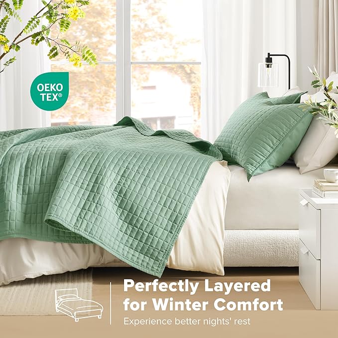 Comfort Spaces Kienna Quilt Set- Double Sided Stitching Design Summer Blanket, Lightweight, Soft, All Season Bedding Layer, Matching Sham, Sage Green, Coverlet King (104"x90") 3 Piece
