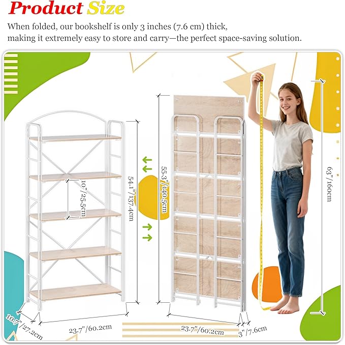 UDD Folding Bookshelf No Assembly, 54.1" H x 23.7" W, 5 Shelf Foldable Bookcase Industrial Collapsible Bookshelves, Open Storage Book Shelves for Small Spaces Home Office Living Room, Light Oak White
