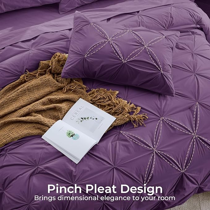 Sasttie Queen Comforter Set, 7-Piece Bed in a Bag, Pintuck Bedding Sets for All Season, Includes Comforter, Flat Sheet, Fitted Sheet, Pillowcases and Pillowshams, Grape Purple