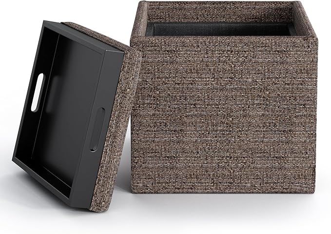 SIMPLIHOME Rockwood Cube Storage Ottoman with Tray - 17 inch Wide Upholstered Tweed Look Fabric Square Storage Ottoman in Mink Brown, Contemporary Cube Ottoman for Living Room with Serving Tray
