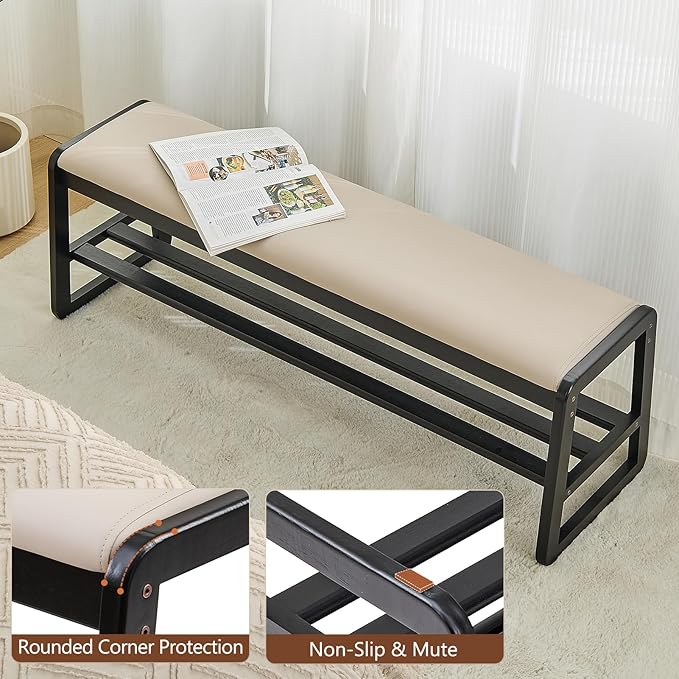 CozyDH Solid Wood Shoe Bench, Wooden Storage Entryway Bench 2-Tier, Mid-Century Shoe Rack Bench, End of Bed Bench with Leather Cushion, Ottoman Bench for Hallway Bedroom (Black 48")