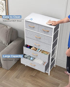 Crestlive Products Vertical Dresser Storage Tower - Sturdy Steel Frame, Wood Top, Easy Pull Fabric Bins, Wood Handles - Organizer Unit for Bedroom, Hallway, Entryway, Closets - 7 Drawers (Light Gray)