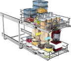 2-Tier Pull Out Cabinet Organizer (17" W x 22" D), Pull Out Shelves and Drawer for Kitchen Pantry Storage Basket, Heavy-Duty Metal Sliding Shelf, Chrome Finish