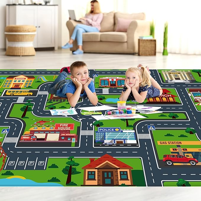 Kids Car Playmat, Kids Rug for Playroom Car Mat Town City Road Traffic Rugs, Play Mat for Floor, Extra Large Boys Kid Car Track Play Rug (Style Four, 110.2 X 78.7 INCH)