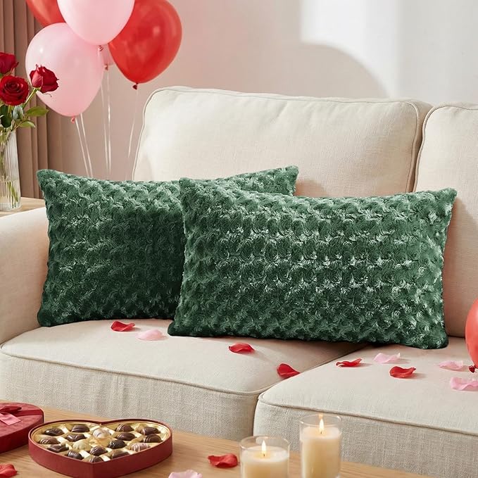 FUTEI Dark Green Decorative Throw Pillow Covers 12x20 Inch Set of 2,Soft Solid Rose Swirl Textured Lumbar Pillow Case,Valentine's Day Decor for Couch Living Room