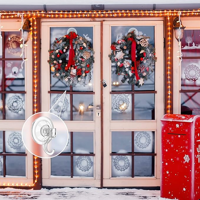 VIS'V Wreath Hanger, Large Suction Cup Wreath Hooks, Heavy Duty, 22 LB Capacity, Removable and Reusable, Clear, 8 Pcs