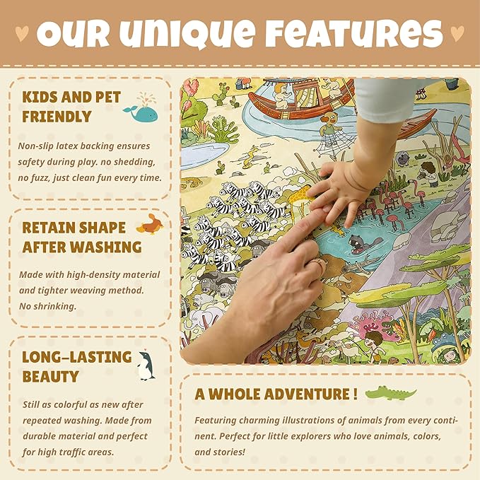 Desert Adventure Kids Rug 5x7 – Safari Animal Map Carpet with Lions, Elephants, Giraffes & Tribes – Educational Play Mat for Baby Bedroom, Classroom, or Playroom, Gold and Vibrant Decor