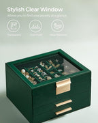 SONGMICS GISELLA Collection - Jewelry Box Organizer, 3-Layer Jewelry Storage with 2 Drawers, Shiny Metal Hardware, Glass Lid, Modern, 8 x 9.1 x 5.3 Inches, Forest Green and Gold Color UJBC239C01